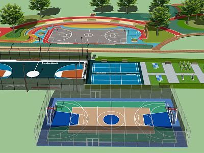 現代 運動場地 消防登高面 戶外健身跑道標識標志 娛樂運動場 綠道劃線 公園鋪裝SU模型